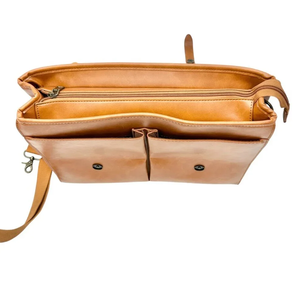 Leather Laptop Briefcase Adjustable Shoulder Strap Multiple Compartments Brown